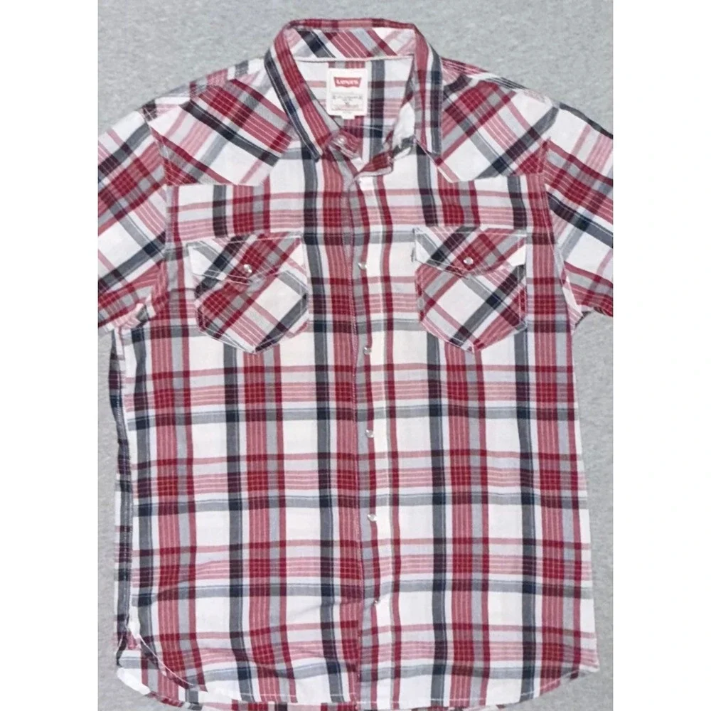 Levis Mens Modern Fit Red Plaid Pearl Snap Shirt Size Medium Cowboy Western